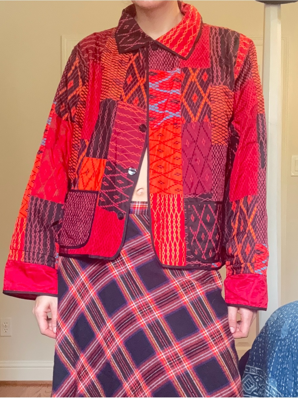 Chico's Red Patchwork Quilted Blazer Jacket